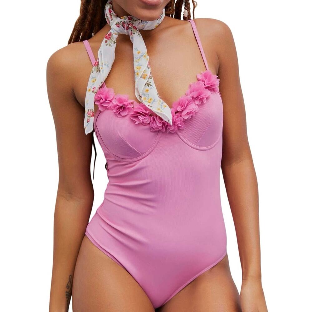 Cider Pink Floral V-Neck One Piece Swimsuit Size Large